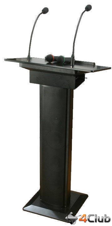 ITC T-6236B Мобильная Трибуна, встроенный усилитель и акустическая система 60 Вт RMS, 2 радио- микрофона, 1 светильник, 1 гусиная шея микрофон, внешний микрофонный вход, вход AUX, Питание 220В. Частотный диапазон: 100 Гц – 16 кГц. Потребляемая мощность: 1